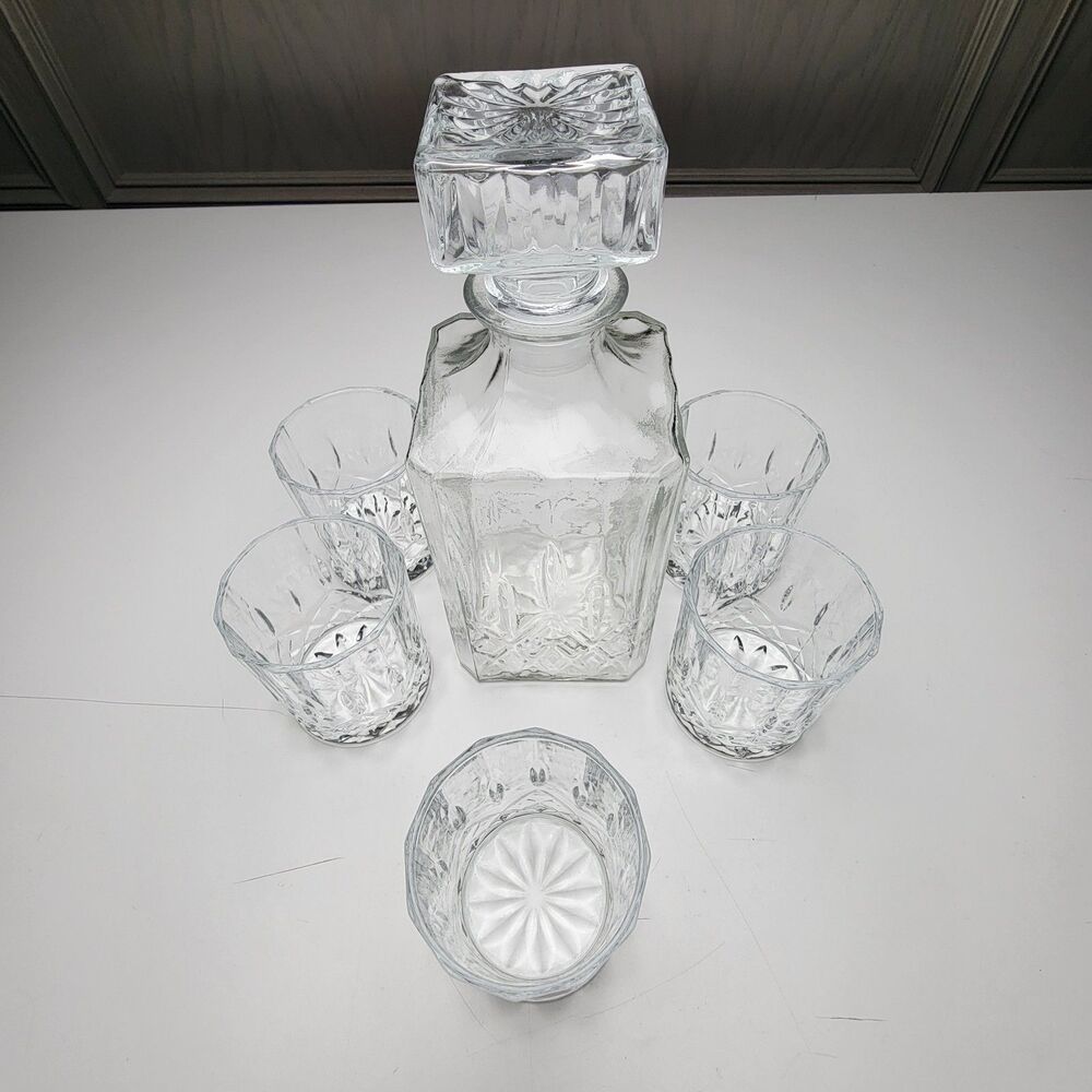 6-Piece Clear Cut Glass Liquor Decanter and 5 Whiskey Tumblers Set